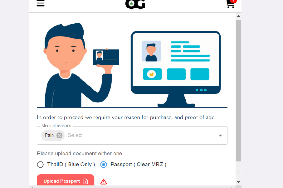 Age verification by uploading ID proof on OG Thai cannabis store.