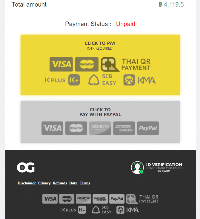 Screenshot of payment methods on OG Thai.