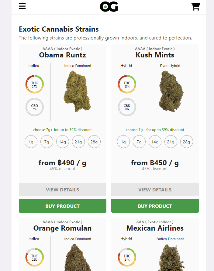 Screenshot of available weed buds on OG Thai