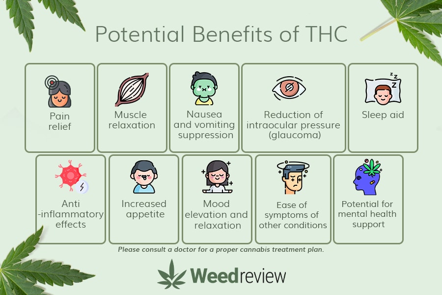 A chart depicting the different benefits of THC (tetrahydrocannabinol)