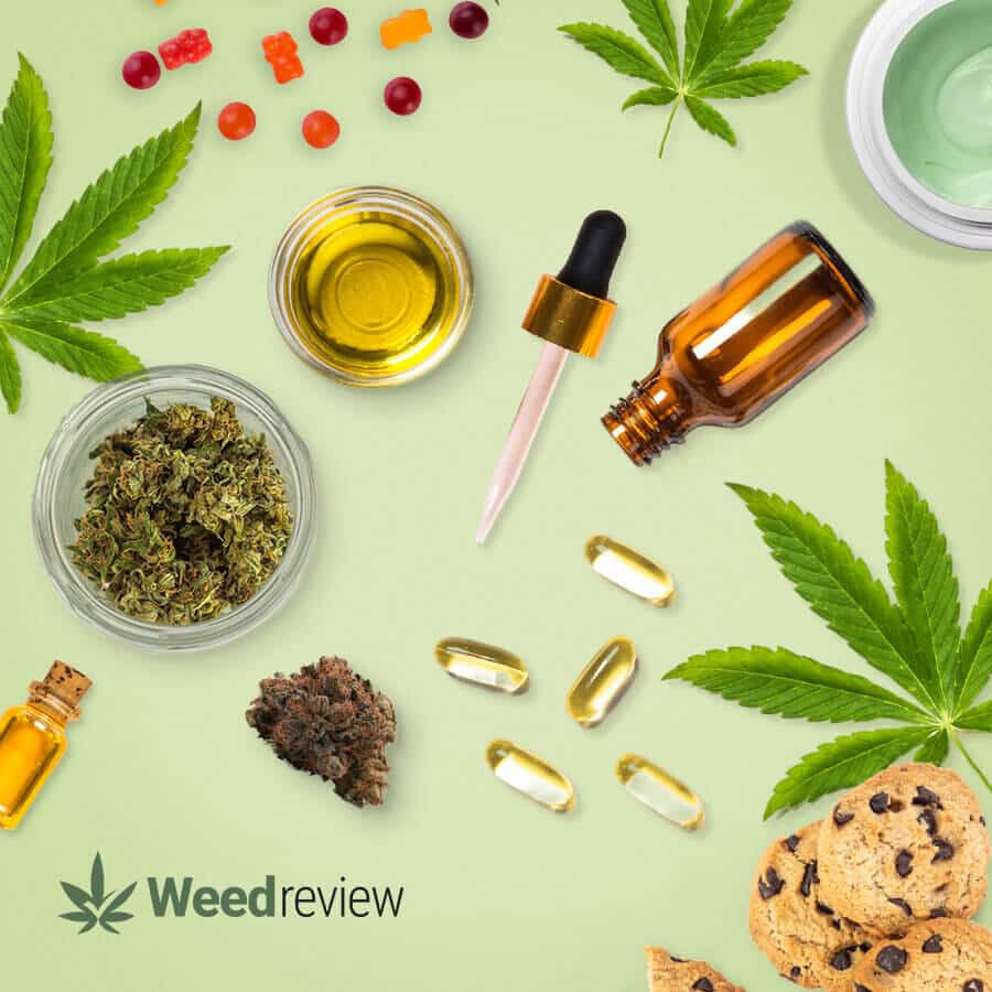 An image of common CBD-related products like oils, flowers, edibles, and topicals.