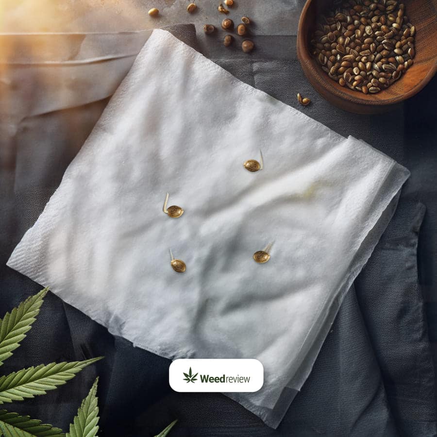 An image showing sprouted cannabis seeds on paper towel sheets.